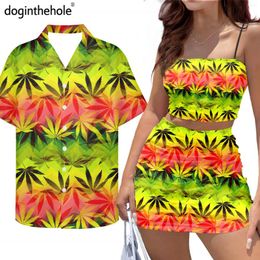 Work Dresses Jamaica Leaf Printing Bodycon Short Dress Set For Women Sexy Backless Top Suit Match Men Beach Shirt Couple Costume