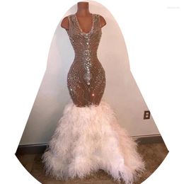 Party Dresses Luxury Rhinestones Crystal White Feather Mermaid Prom Long African Formal Dress Black Girls Graduation Gala