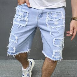 Summer mens fashion tear patch patchwork denim shorts solid straight casual mens beach jeans shorts 240516