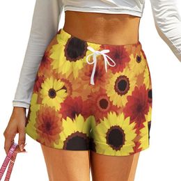 Women's Shorts Red Yellow Sunflower Colourful Flowers Kawaii Spring Graphic Short Pants With Pockets Casual Loose Bottoms Big Size