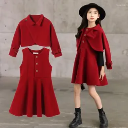 Clothing Sets Korean Autumn Winter Junior Girl Woollen 2PCS Clothes Set Teenager Sleeveless Dress Irregular Coats For Girls 4-13Yrs