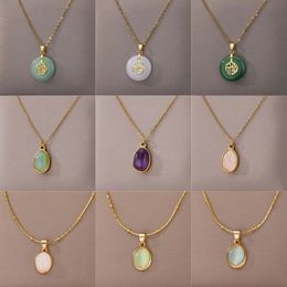 Fashion Oval Opal Pendant Necklace Stainless Steel Chain 18 K Gold Colour Cute Lucky Jewellery For Women Accesorios Birthday Gift 240511