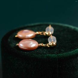 Dangle Earrings 13-14mm Fashion Natural Pink Coin Fresh Water Pearl Gold Ear Stud Crystal Diamond Clip-on Custom Hoop Office Anniversary