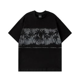 2024 Men's T Shirts Coconut Tree Graphic Oversized Hip Hop Loose T-shirt Black Beige Unisex Casual Loose Tee Tshirt Y2K