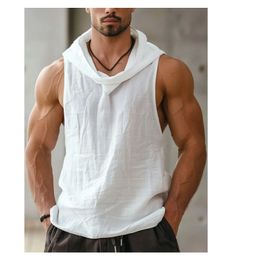 Mens Sleeveless Tee Tops Basketball Vest Summer Cotton and Linen Personalised White Hooded Casual Sweatshirt 240515