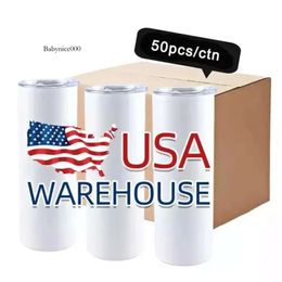 US Warehouse Sublimation Blanks Tumblers 20Oz Stainless Steel Straight Mugs White Tumbler With Lids And Straw Heat Transfer Gift Mug Bottles 0516