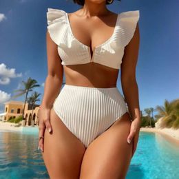 Sexy Ruffle V Cut Female Swimsuit High Waist Women Swimwear Two-pieces Bikini Set Bather Bathing Suit White Beach Wear