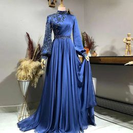 Elegant Muslim Evening Dresses Royal Blue Beads Dubai Caftan Arabic Formal Gown Puffy Long Sleeve Chiffon Robes De Soiree 0516