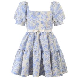 Summer Blue Panelled Dress Short Sleeve Square Neck Jacquard Short Casual Dresses Y4W09225N