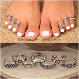 Toe Rings Vintage Hollow Carved Star Moon Kits Bohemian Adjustable Open Finger Ring For Women Boho Beach Foot Jewelry Drop Delivery Otiro