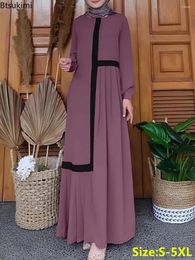 Ethnic Clothing Fashion Patchwork Pleated Long Dress For Women Muslim Contrast Colour Abaya Puff Sleeve Casual Maxi Arab Kaftan Robe Femme