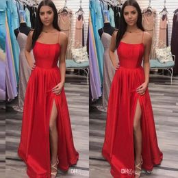 Sexy Cheap Simple Red A Line Prom Dresses Spaghetti Straps Floor Length High Side Split Satin Formal Dress Evening Gowns vestidos de fi 245T
