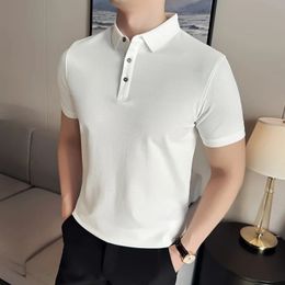Mens Short Sleeved POLO Shirt 2024 Summer British Style Solid Casual Tshirt Pure Cotton Slim Fit Men Clothing 240508