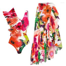 Women's Swimwear Women Swimsuit Floral Ruffled One Piece Beach Dress Cover Ups/Pareo Designer Bathing For Summer Holiday Luxury Suit