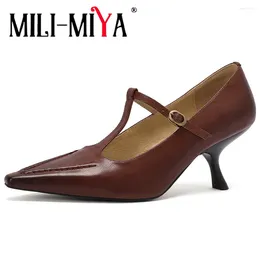 Dress Shoes MILI-MIYA Vintage Polished Pointed Toe Women Cow Leather Pumps Thin Heels Buckle Strap Big Size 34-40 Handmade