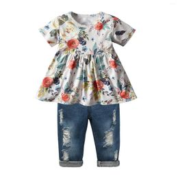 Clothing Sets 2PCS Kids Girls Summer Clothes Set For 1 2 3 4 5Y Children Girl Thin Cotton Short Sleeve Flowers Printed T-Shirt Jeans Outfits