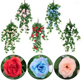 Decorative Flowers Flower Wall Hanging 25Heads Roses Rattan Lifelike Floral Wreath Artificial Greenery Home Decoration Wedding Party