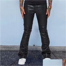 Mens Pants Fashion Men Pu Leather Vintage Slim Fit Straight Trousers Spring Autumn Casual Streetwear Skinny Long Pant Male Drop Delive Otopc