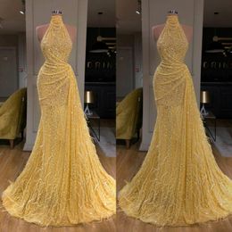 Popular Good Quality Glitter Mermaid Evening Dresses Sexy High-neck Sleeveless Sequins Feather Prom Dress Sweep Train Special Occasion 301I