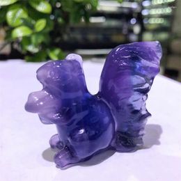 Decorative Figurines Natural Purple Fluorite Cartoon Squirrel Carving Cute Animal Crystal Healing Energy Fengshui Home Decoration 1PCS