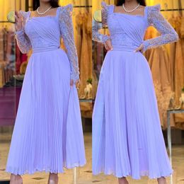 Elegant Lavender Mother Of The Bride Dresses Illusion Sequins Long Sleeves Ankle Length Wedding Guest Dress Pleats Plus Size Formal Evening Gowns 0516