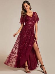 Party Dresses Elegant Evening Short Sleeves Sequin High Low V-Neck Midi 2024 Ever Pretty Of A-line Burgundy Bridesmaid Dress