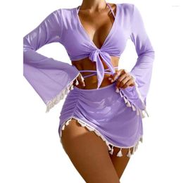 Women's Swimwear Summer Outfit Stylish 4pcs Bikini Set With Flared Sleeve Cover Up Halter Bra High Waist Skirt Solid For Quick
