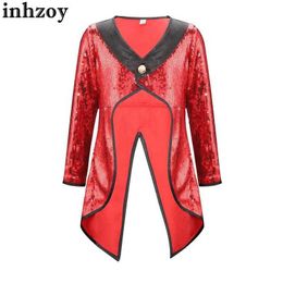 Cosplay Kids Girls Boys Halloween Circus Magician Cosplay Costume V Neck Shiny Sequins Tailcoat Jacket Top Ringmaster Performance OutfitL2405