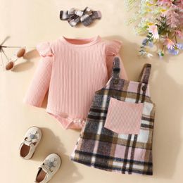 Clothing Sets 3 6 12 18M Baby Girls Lovely Skirt Infant Long Sleeve Romper Plaid Suspender Dress Headband 3Pcs Toddler Outfit Fall Winter
