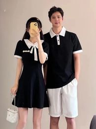 Summer Preppy Style Black Women Peter Pan Collar Short Sleeve Mini Dress With Men Polo Tshirt Top For Couple Clothes 240514
