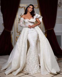 Off The Shoulder Sweetheart Neck Zipper Up Back Shiny Sequins Lace Gorgeous 2 Pieces Mermaid Wedding Dress With Detachable Train
