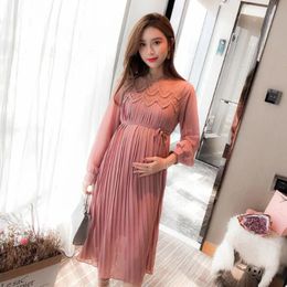 Chiffon Dresses Maternity Clothes For Pregnant Women Long Sleeve Pleated Pregnancy Dress Spring 240507