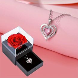 Pendant Necklaces Luxury Pink Zircon Necklace With Rose Gift Box Fashion Jewelry For Women Wife Mom Girlfriend 2024 Wedding Gifts