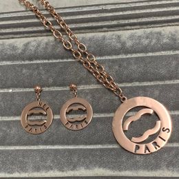 Rose Gold Women Fashion Necklace Earrings Logo Printed Hollow Letter Necklace Stainless Steel Sets Trendy Jewelry