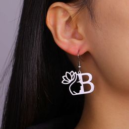 A-Z Alphabet Initials Letter Dangle Stainless Steel Lotus Flower Silhouette Pendant Earrings Women Jewelry Gifts