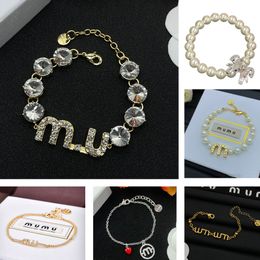 Luxury MUMU Bracelet Italian Designer Same Style Handpiece MUI MUI Correct Letters Water Diamond/Pearl Bracelet Women's Gift Box