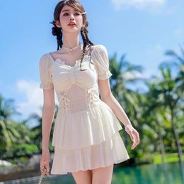 Women's Swimwear Korean Style One Piece Dress Women Sweet Cute High Waisted Short-sleeved Slimming Girls Swimsuit Beachwear