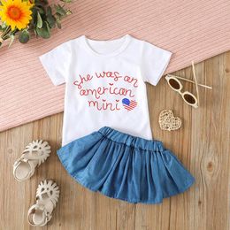 Clothing Sets Summer Baby Girl Clothes Soft Cotton Short Sleeve Letter Print T-shirt Denim Skirts Independence Day Toddler Girls 2Pcs