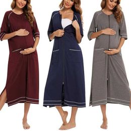 Maternity Dresses New Maternity Pyjamas Pregnant Women Short Sleeve Pregnancy Nightwear Nursing Zipper Nightgown Mother Breastfeeding Nightdress Y240516