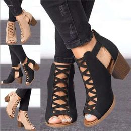 Sandals Peep Square Heel 2024 Women Toe Hollow Out Chunky Gladiator with Strap Black Spring Summer Shoes 549 d 8020
