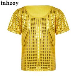 Dancewear Kids Boys Girls Shiny Sequins Dance T-shirts Crop Tops Hip Hop Disco 70s Hippie Style Performance Costume Short Sleeve Dnace TopL2405