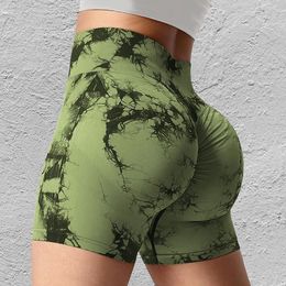 Seamless Tie Dye Sport Shorts For Women Summer Elastic Scrunch High Waist Push Up Tummy Control Gym Fitness Workout Yoga 240516