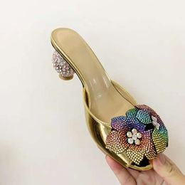 women Ladies 2024 Genuine real leather high heels summer sandals bead 3D flower Flip-flops slipper slip-on wedding dress Gladiator shoes colourful diamond c7e4