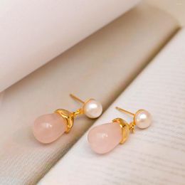 Dangle Earrings 2024 Silver Needle Ear Stud Natural Pearl W/Special Pink Jade Plated Gold Filled Korea Jewellery For Women Sale