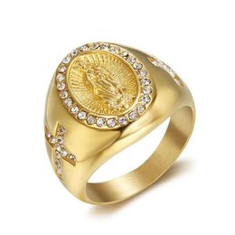 Religious Gold Color Virgin Mary Rings for Women Men 14K Gold Iced Out CZ Madonna Ring Hip Hop Christian Jewelry Gift