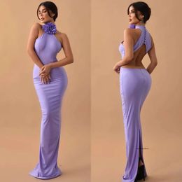 Elegant Lavender Prom Dresses Halter Sheath Evening Dress Pleats Slit Backless Formal Long Special Ocn Party Dress 0516