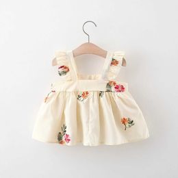 Girl's Dresses Baby Girl Summer Dress With Flying Sleeves Small Flower Embroidery Solid Cotton Dress (0-3 Years Old)