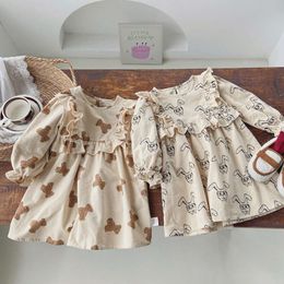 Girls Dress Cotton Dresses For Kids Cartoon Print Long Sleeved Children Costume 2023 Spring Fall Toddler Clothes Korean Style L2405