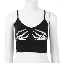 Women's Tanks Sexy Club Women Summer Crop Top Camis Black Sleeveless Human Skeleton Skull Hand Printed Tights Vest Drop