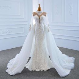 O-pescoço de lacta de pérolas de manga longa Apliques 2 peças Vestido de noiva de sereia com trem destacável vestido de noiva Sereia